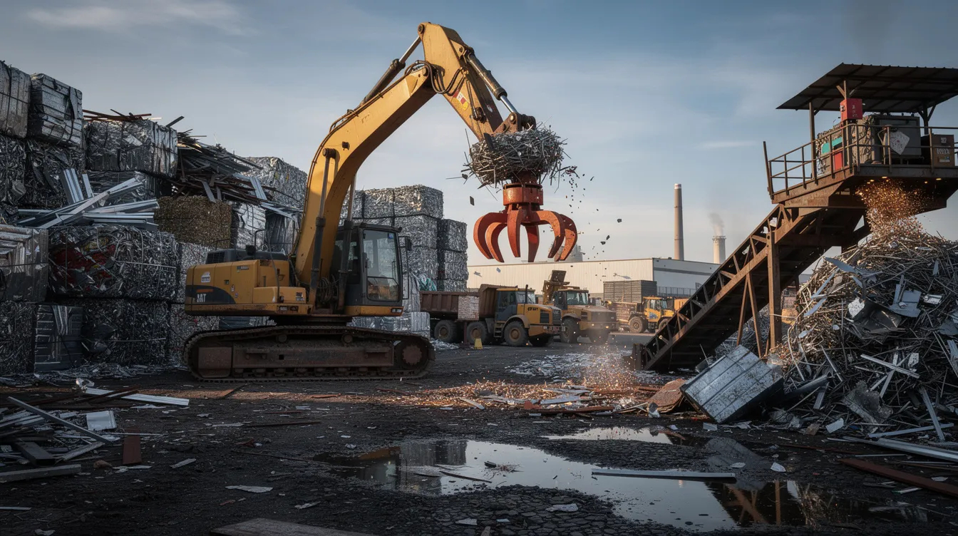 The image shows heavy machinery operating in an outdoor recycling yard, processing steel scrap into raw materials for the steel industry. This scene highlights the importance of efficient sourcing and reliable supply in the steel business, as it supports various industries and meets the growing demand for stainless steel products and structural steel.