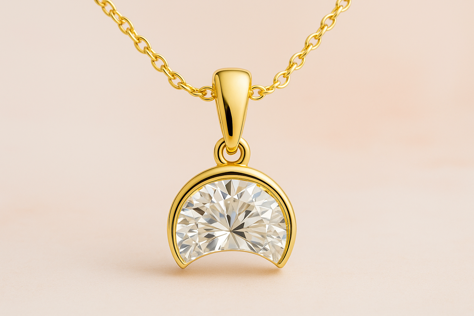 Geltono aukso pakabukas su pusmėnulio formos deimantu ant plonos grandinėlės