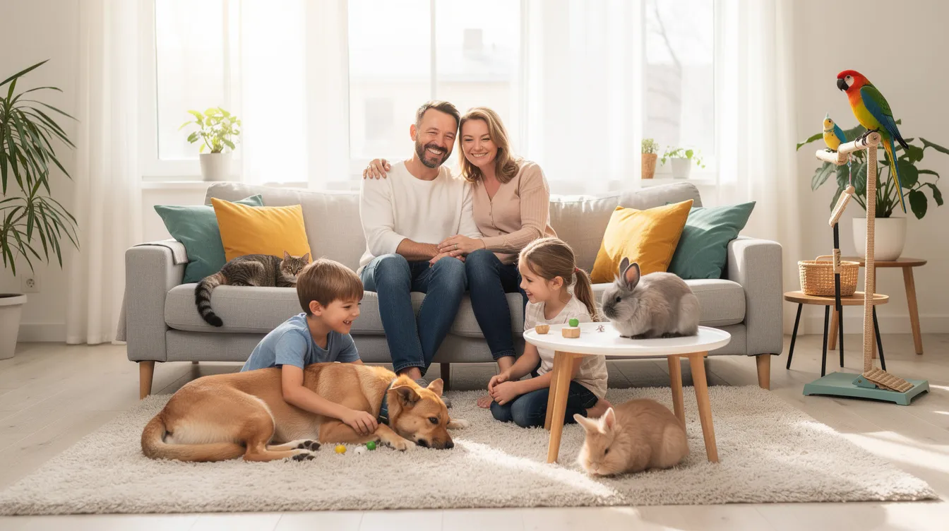 A joyful family is gathered in a bright home, surrounded by their beloved pets, including a dog, cat, rabbit, and bird, showcasing a warm moment of companionship and love. The scene reflects the happiness that animals bring to families, emphasizing the importance of pet health and care.