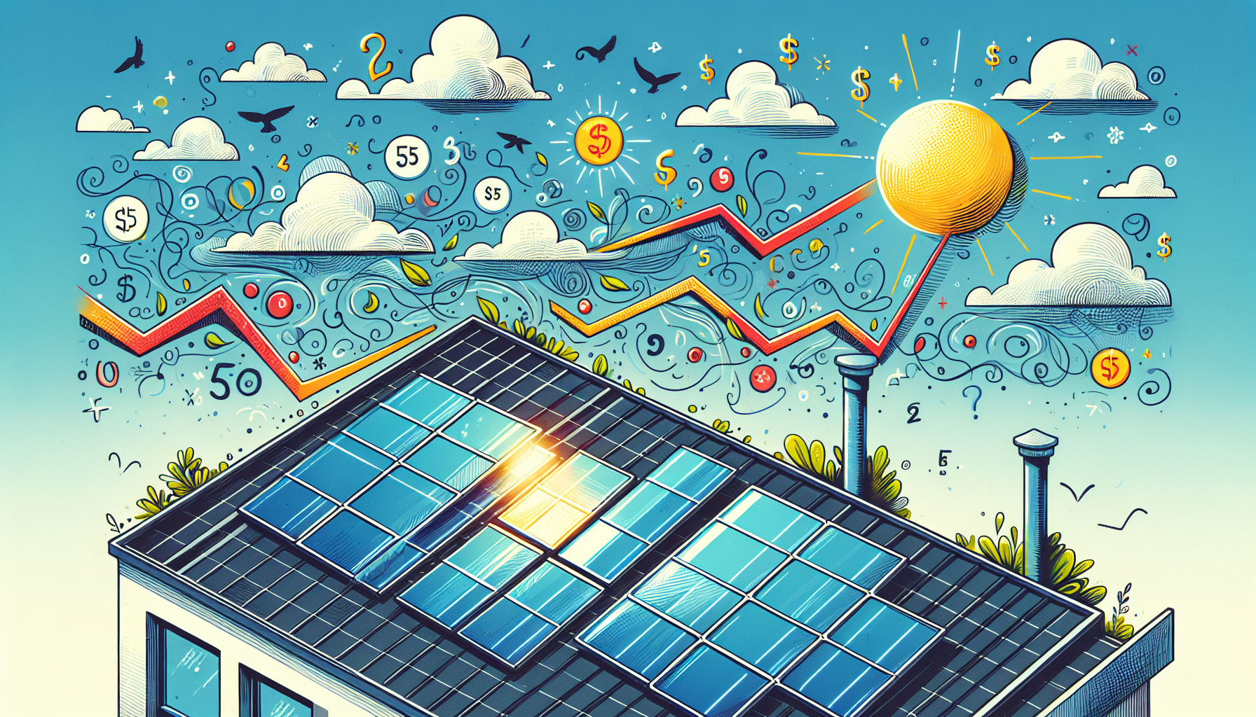 An illustration of solar panels on a rooftop with a price tag indicating current trends.