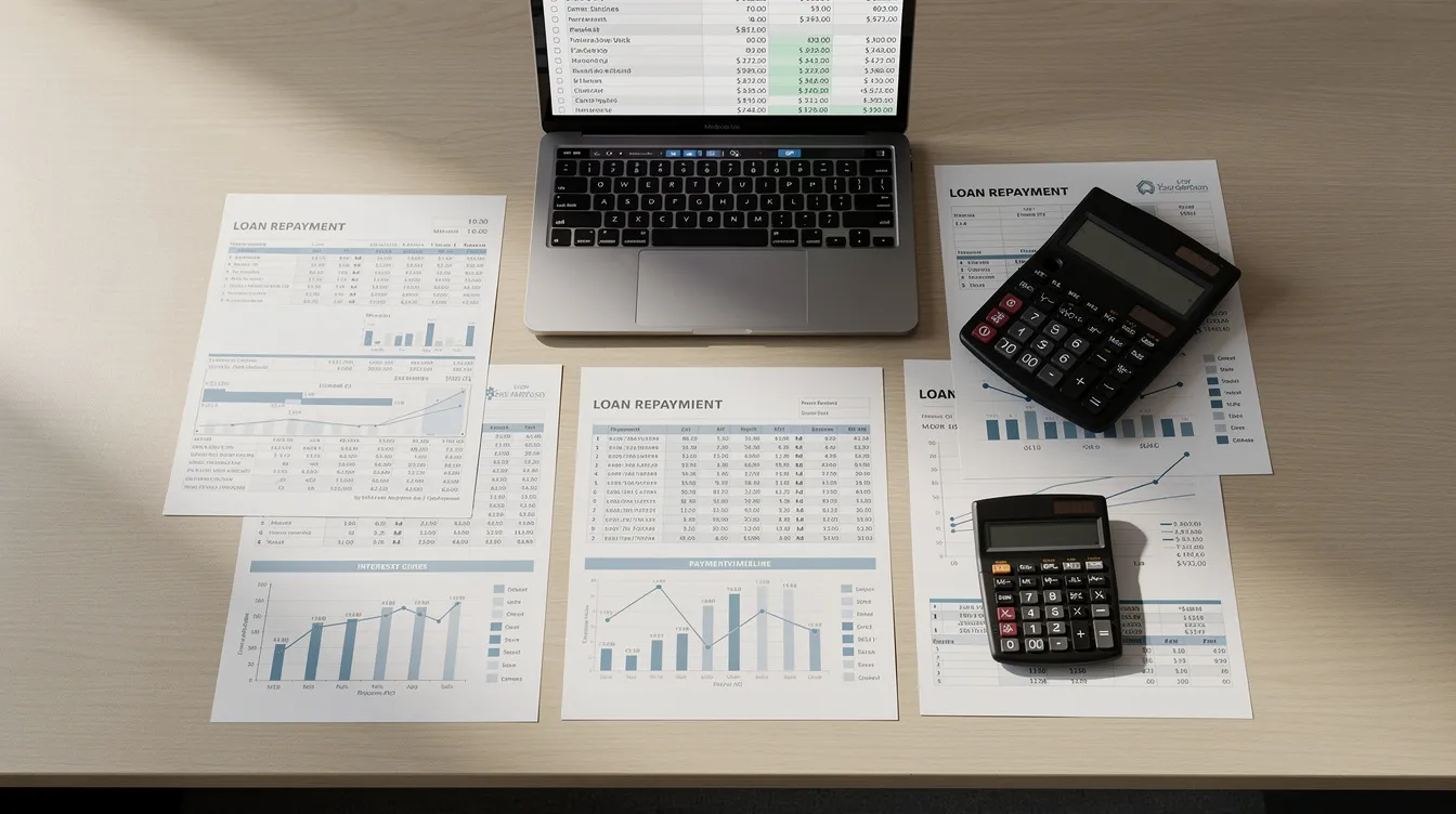 c2e56e8b 7ffa 4bd1 bb08 cc1c706da3b2 The image depicts a desk cluttered with financial reports, a calculator, and spreadsheets that detail loan repayment calculations, including figures related to debt service coverage ratio and repayment schedules. This setup suggests a focus on analyzing cash flow and operational efficiency for a business venture, possibly within the cheese manufacturing sector.