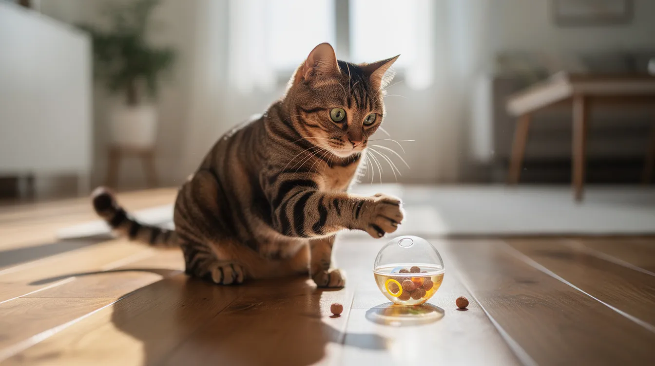 A curious tabby cat is playfully batting at a round treat-dispensing toy on a hardwood floor, surrounded by the bright light of a cozy apartment. This cat puzzle feeder encourages indoor cats to engage in fun and enriching activities while they hunt for treats.