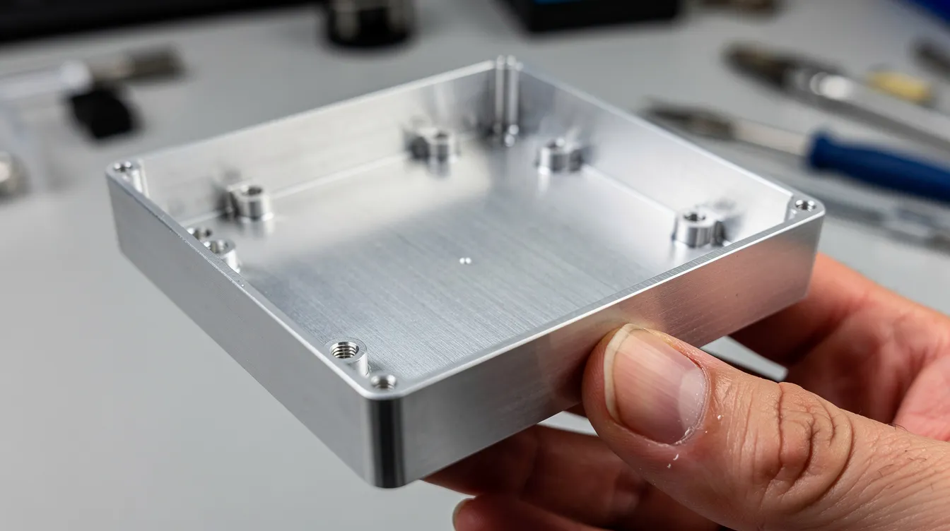 The image depicts an engineer holding a prototype of an aluminum electronics enclosure with thin walls and integrated mounting bosses, showcasing the precision of the CNC machining process. This prototype highlights the advantages of CNC machining in creating complex shapes and achieving tight tolerances in metal parts for the electronics industry.