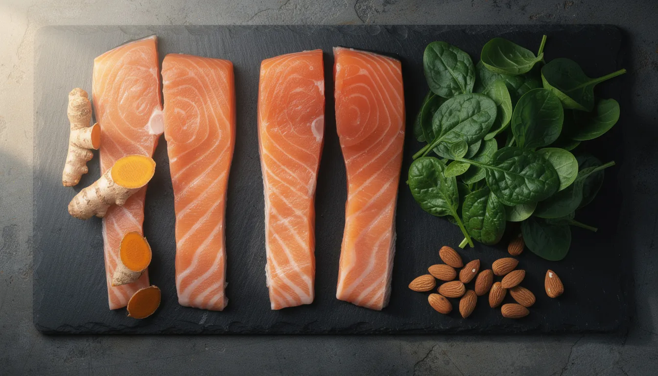The image features fresh salmon fillets placed next to vibrant turmeric root, crisp spinach leaves, and a handful of almonds, all of which are components of a healthy diet that supports healthy aging and cellular health. These ingredients are rich in omega 3 fatty acids and essential nutrients, contributing to overall health and longevity.