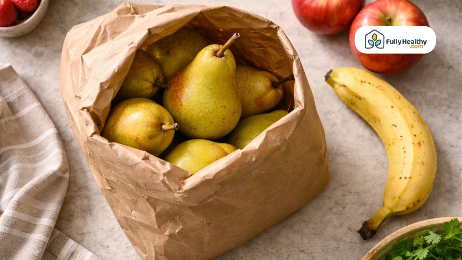 Fresh pears resting in paper bag showing natural ripening setup