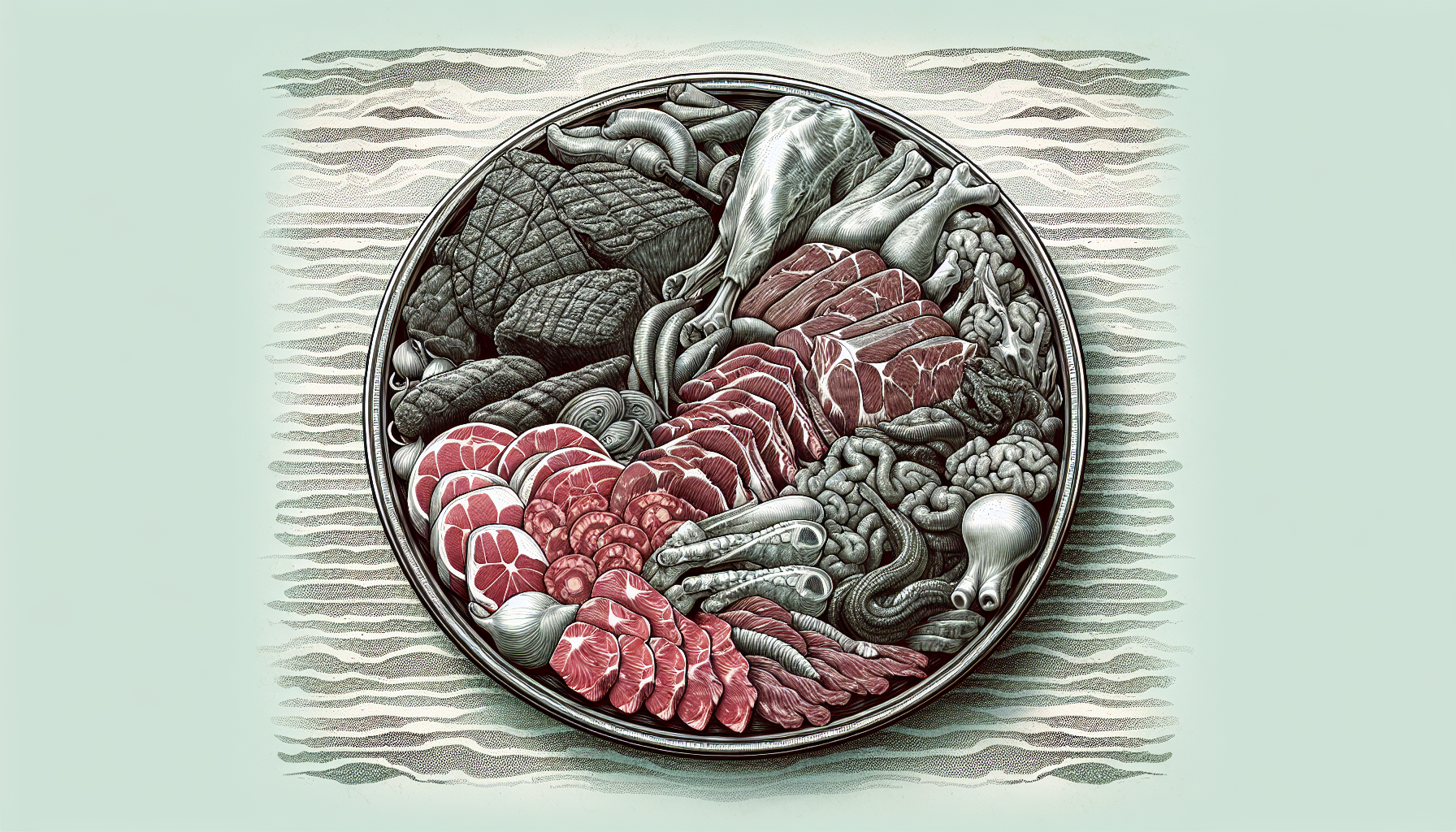 Illustration of a plate with various types of meat and animal products