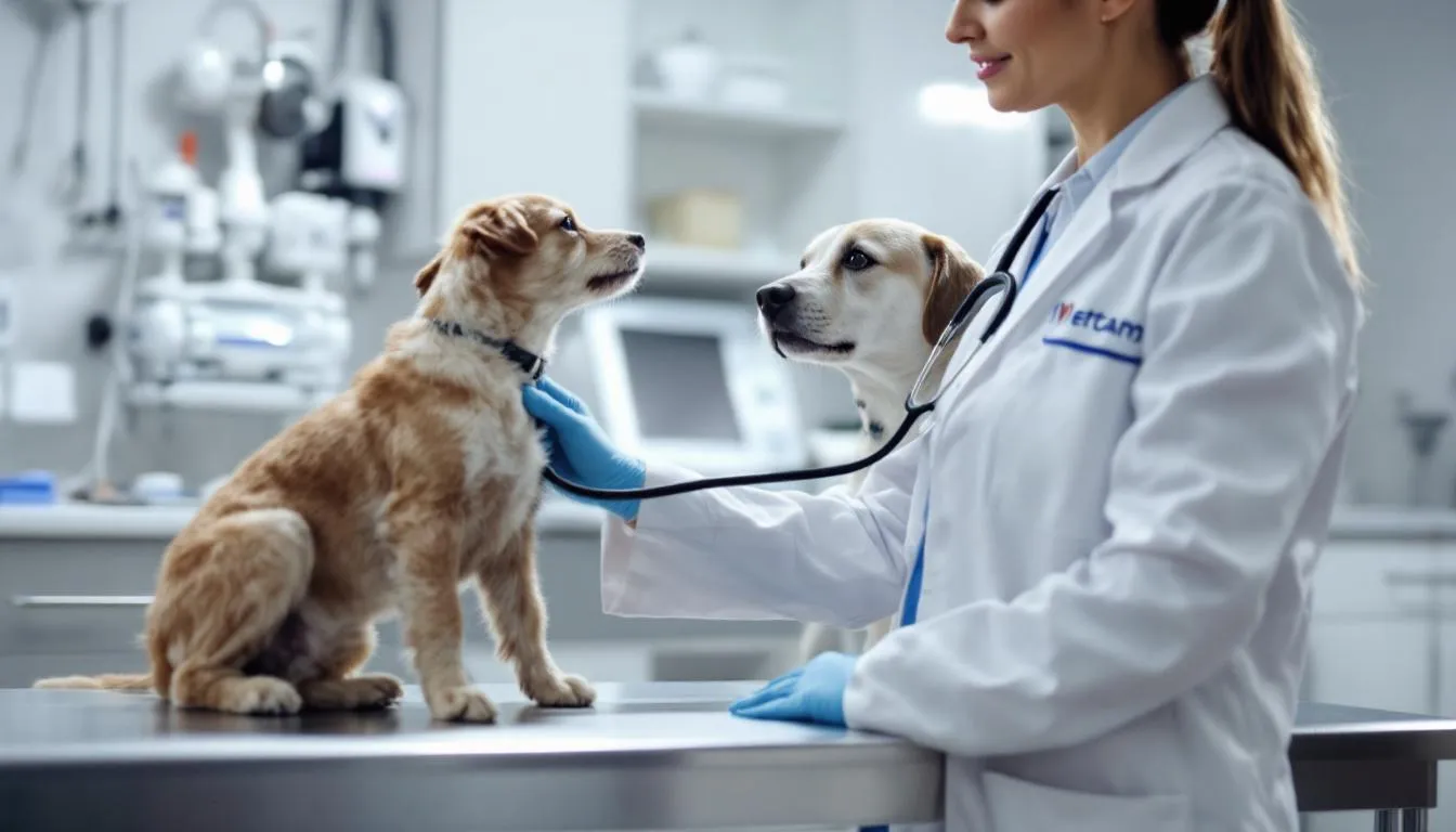 A veterinarian is carefully examining a dog during a routine checkup, ensuring the pet