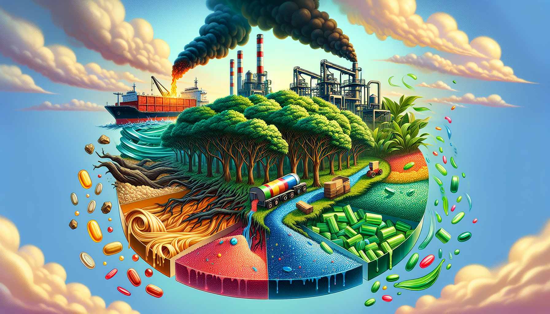 An artistic representation of key raw materials used in plastic production, including crude oil and natural materials.