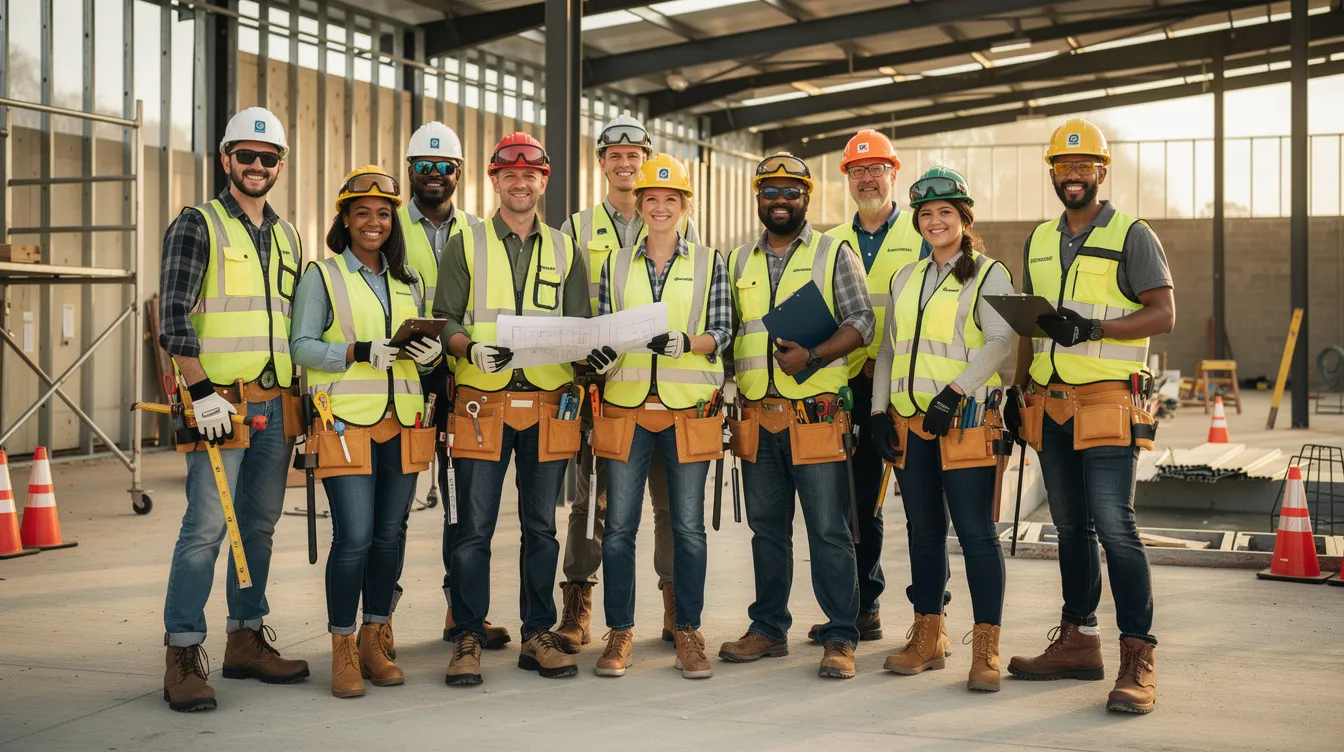 A group of diverse construction apprentices wearing safety gear stands together at a training facility, showcasing their commitment to skilled construction work and the apprenticeship program. This gathering highlights the importance of training and education in the construction industry, emphasizing the values of hard work and dedication among future skilled craftspeople.