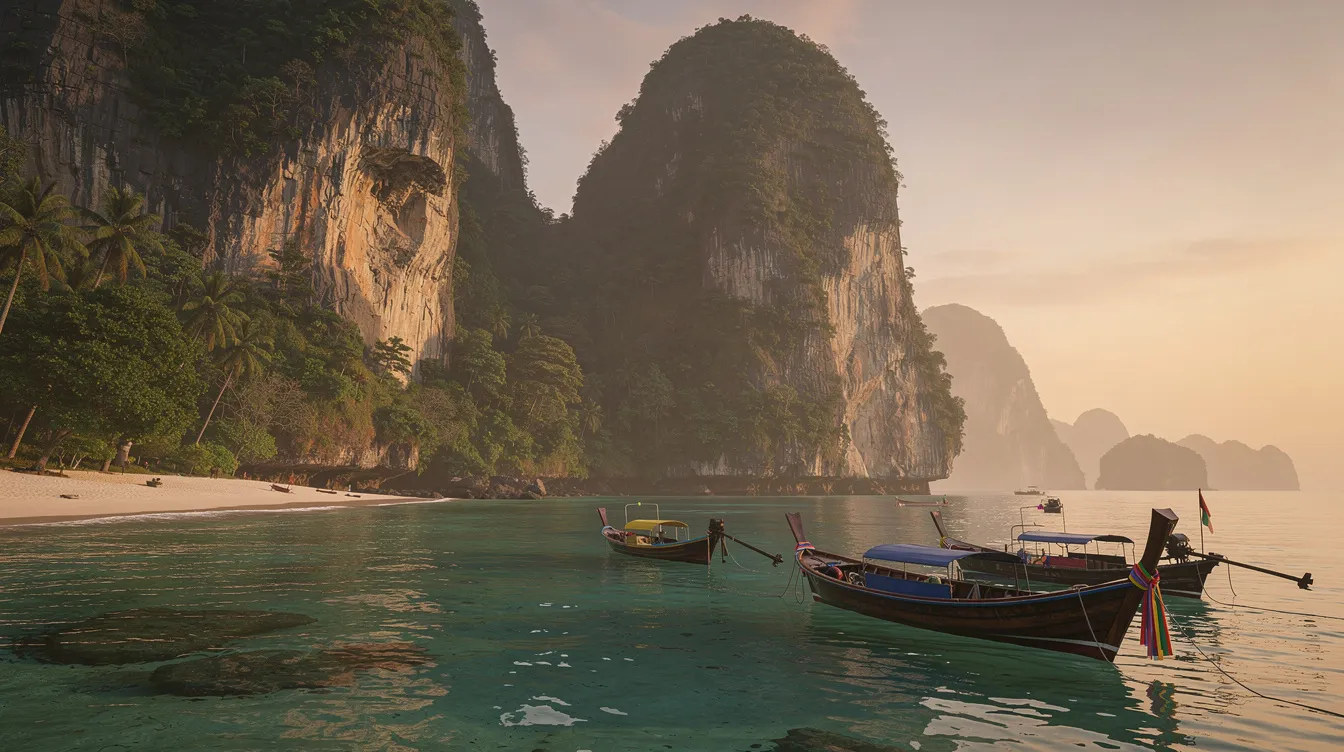 A imagem mostra uma ilha fluvial em Krabi, Tailândia, cercada por águas cristalinas e praias de areia branca. Ao fundo, é possível ver formações rochosas e vegetação tropical, caracterizando a beleza natural da região.