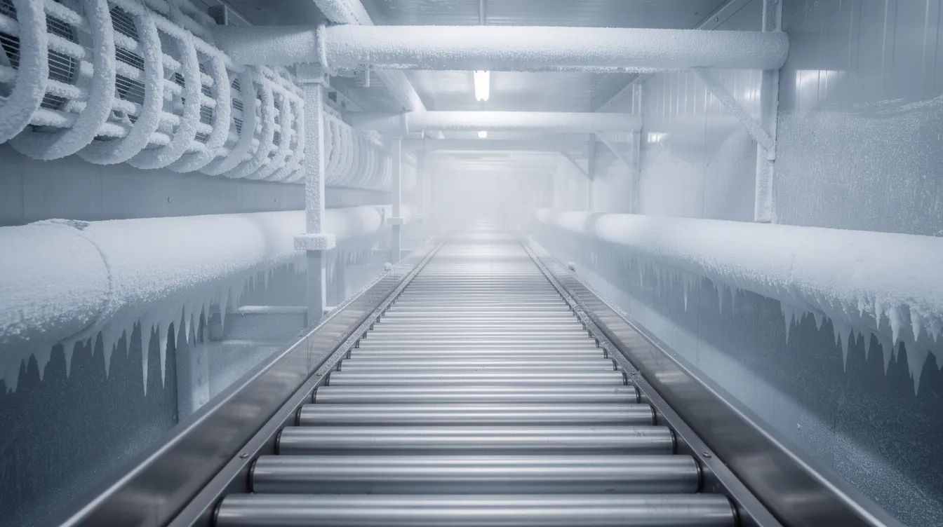 The image shows a stainless steel conveyor belt inside an industrial ice cream hardening tunnel, featuring frost-covered coils that indicate low temperatures necessary for the hardening process of frozen desserts. This equipment is essential for maintaining product quality during distribution, particularly in regions like Gujarat, India.