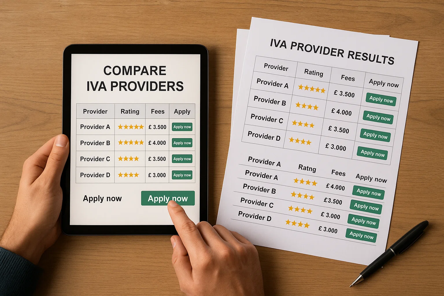 Tablet showing IVA comparison tools beside printed provider options.