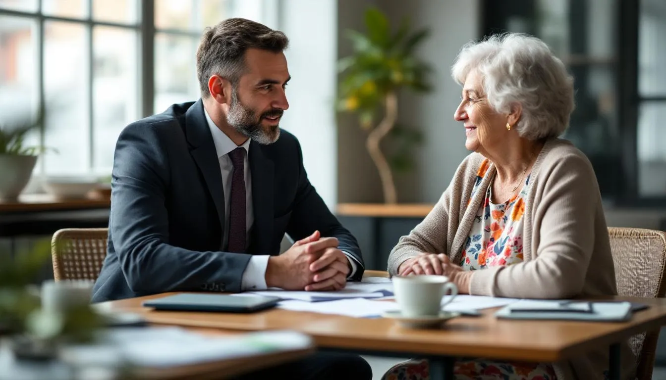A financial advisor is seated at a desk, discussing retirement income strategies with an elderly woman, who appears engaged and attentive. The meeting likely covers important topics such as pension maximization strategies, life insurance policies, and ensuring financial security for her and her surviving spouse.