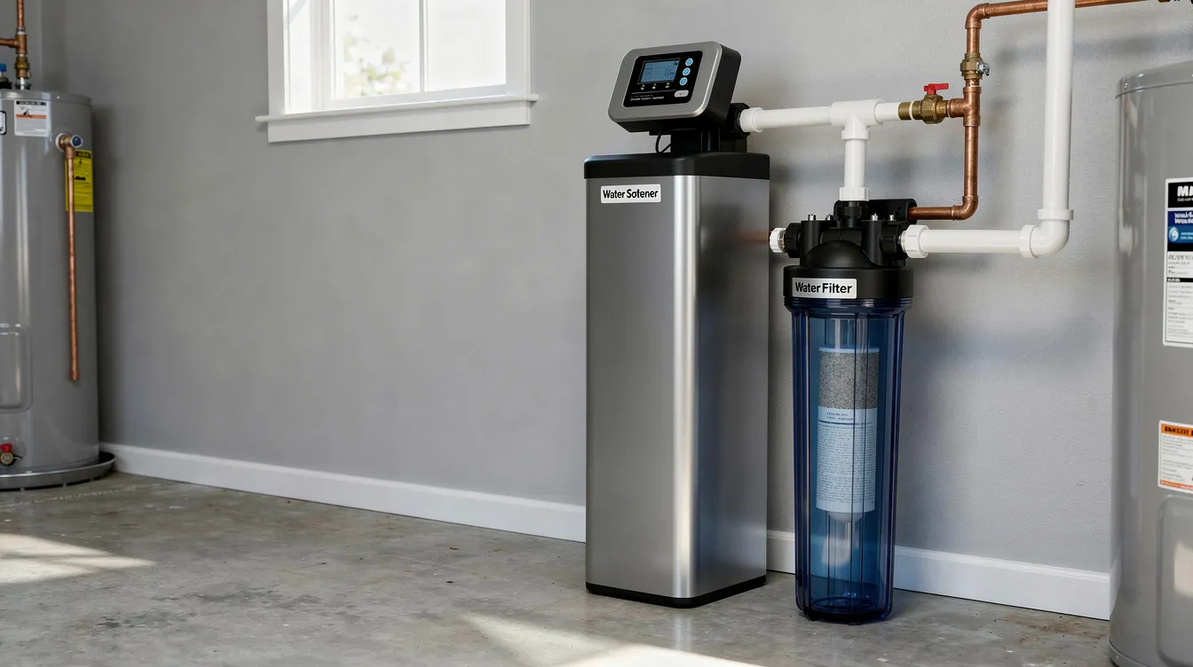The image depicts a water softener and a water filter installed in a modern kitchen setting, showcasing their roles in improving water quality. The water softener is designed to remove hardness minerals like calcium and magnesium ions, while the water filter focuses on eliminating harmful contaminants, ensuring great tasting drinking water.