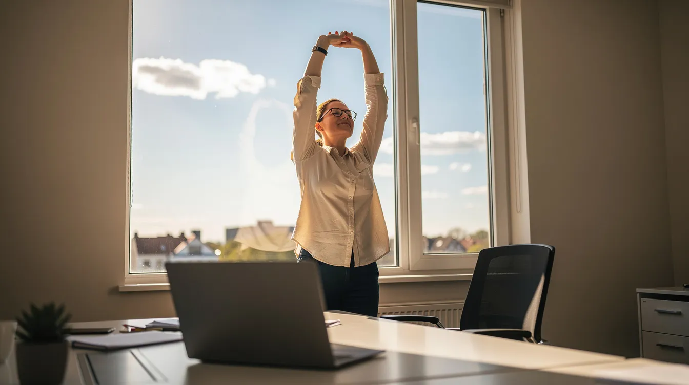 Une personne se tient près d'une fenêtre lumineuse, étirant les bras pendant une pause au travail, avec une journée ensoleillée visible à l'extérieur. Cette scène évoque l'importance de prendre des pauses pour améliorer la productivité et le bien-être lors du télétravail à la maison.