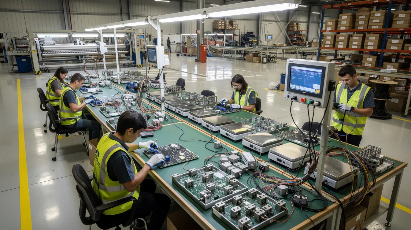 The image depicts an industrial factory floor where workers are diligently assembling and testing various electronic weighing scale components, including digital scales and advanced weighing machines. The environment is filled with tools and equipment essential for ensuring the accuracy and reliability of these digital weighing machines.