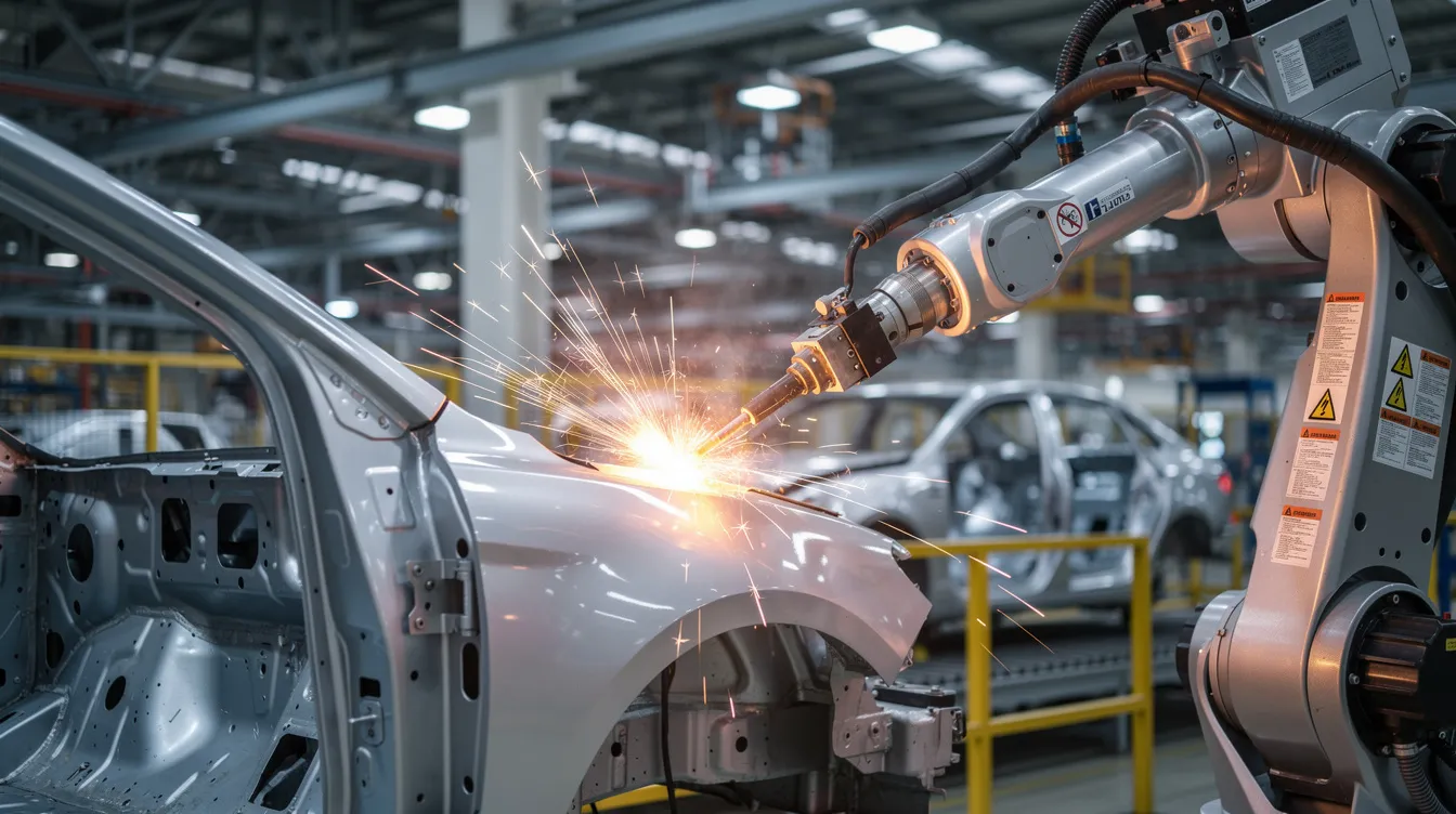 A robotic welding arm is performing spot welds on a car body frame made of automotive sheet metal in a factory setting, showcasing the precision and efficiency of the welding process. The image highlights the complex shapes and components being assembled, emphasizing the importance of superior strength and quality in the automotive industry.