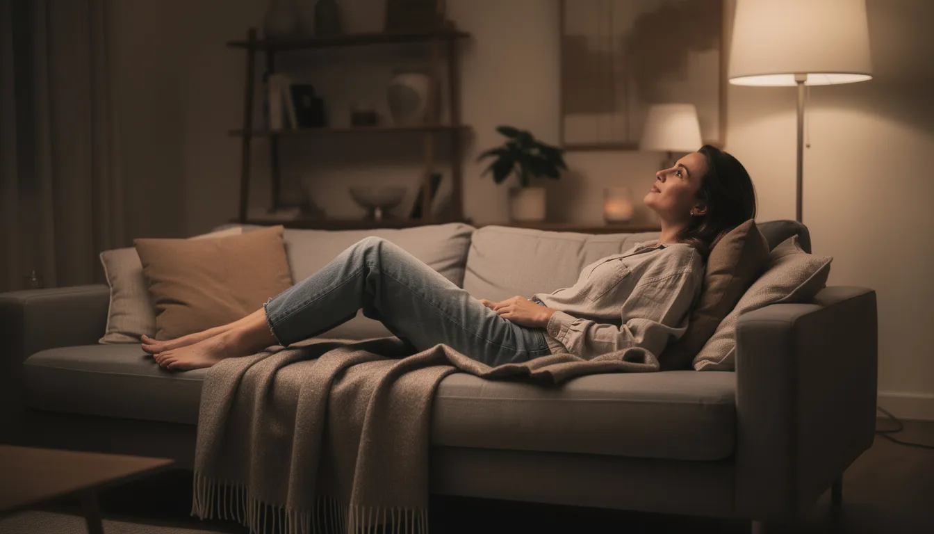 Eine Person sitzt entspannt auf einem Sofa, umgeben von gedämpftem Licht, was eine ruhige Atmosphäre schafft. Diese Szene könnte die Wirkung von 10 oh THC und seine entspannenden Eigenschaften symbolisieren.