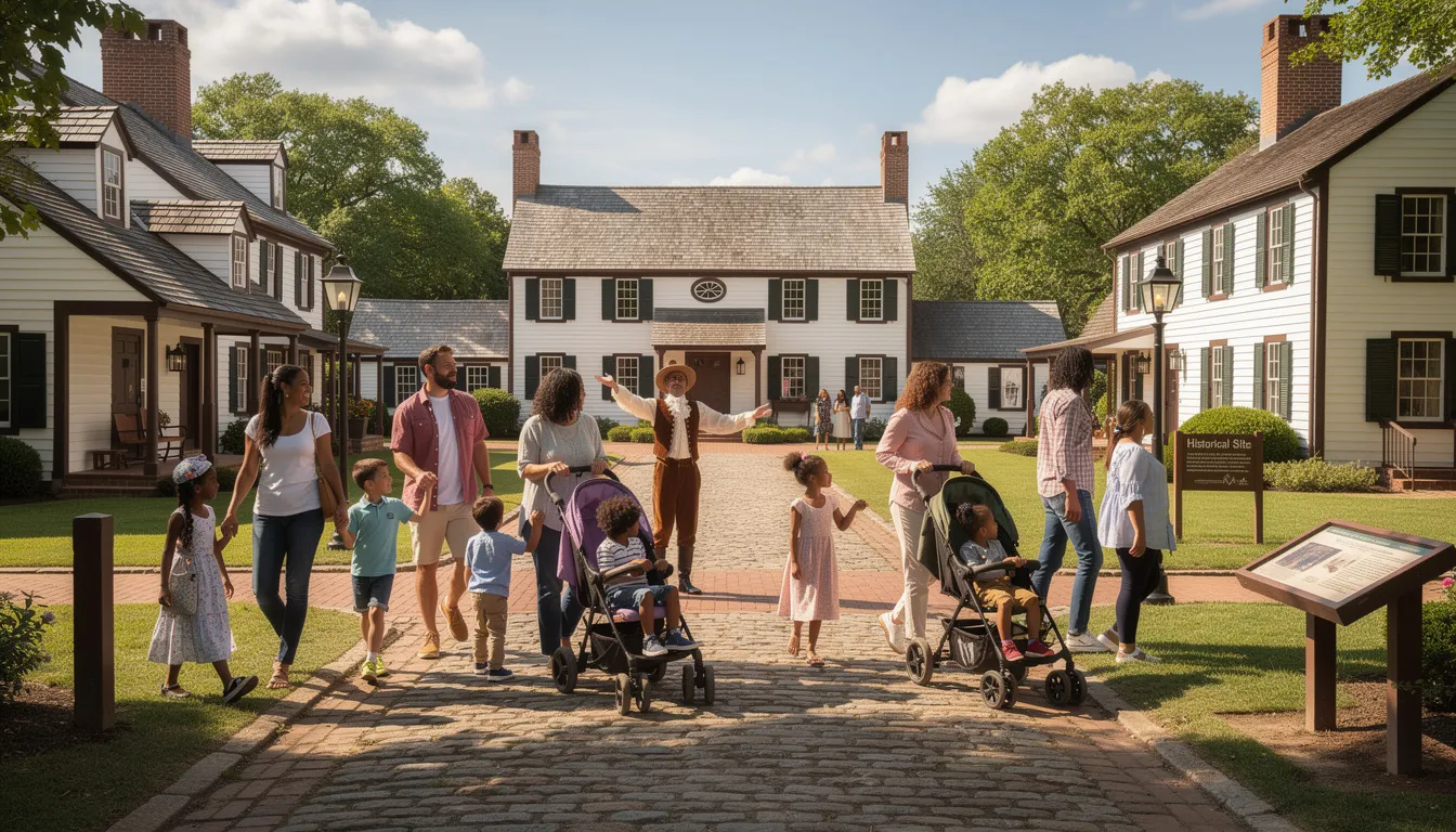 The image depicts families strolling through an outdoor historical site featuring colonial buildings, evoking a sense of American history and heritage. This scene reflects the spirit of Presidents Day, a federal holiday celebrated on the third Monday in February, honoring notable figures like President George Washington and President Abraham Lincoln.