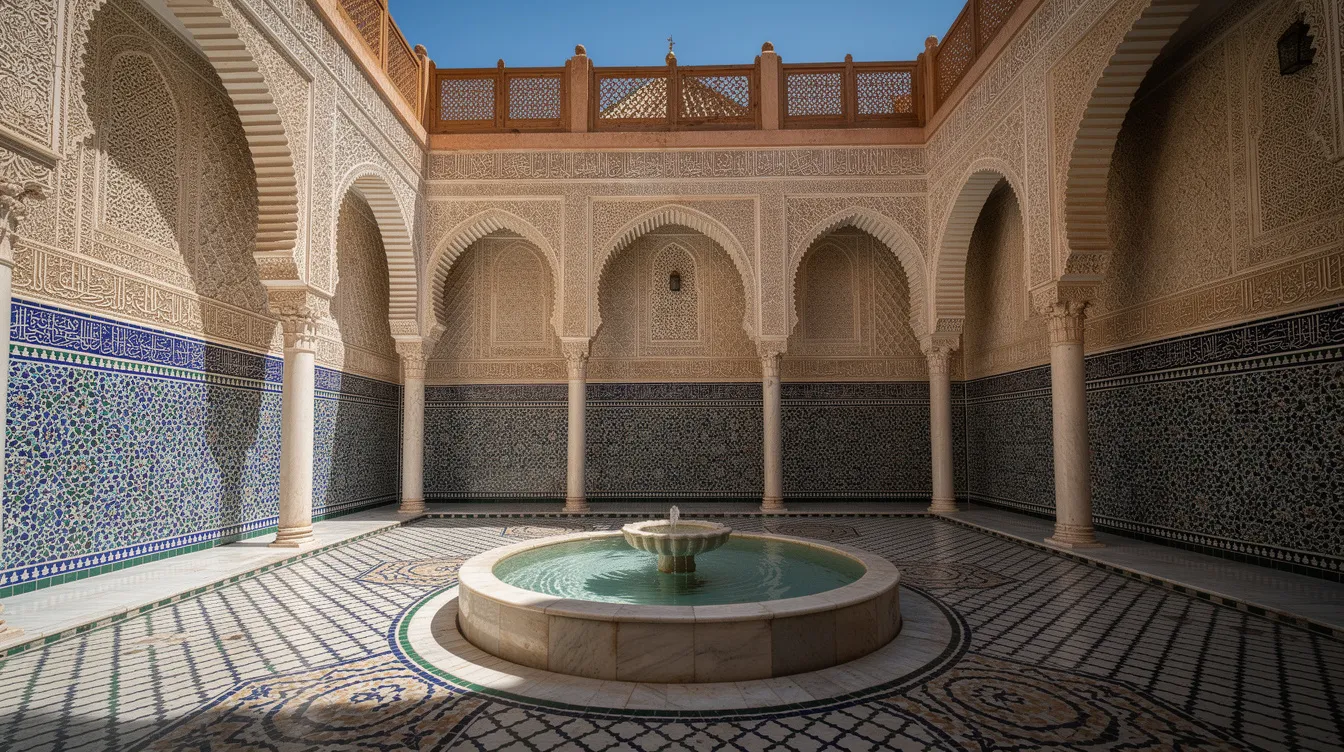 The image depicts an ornate courtyard of a historic Moroccan madrasa, showcasing intricate tile work and beautifully carved stucco surrounding a central fountain. This architectural gem reflects the rich cultural heritage of Morocco, a Muslim majority country known for its religious diversity and historical significance in the Arab world.