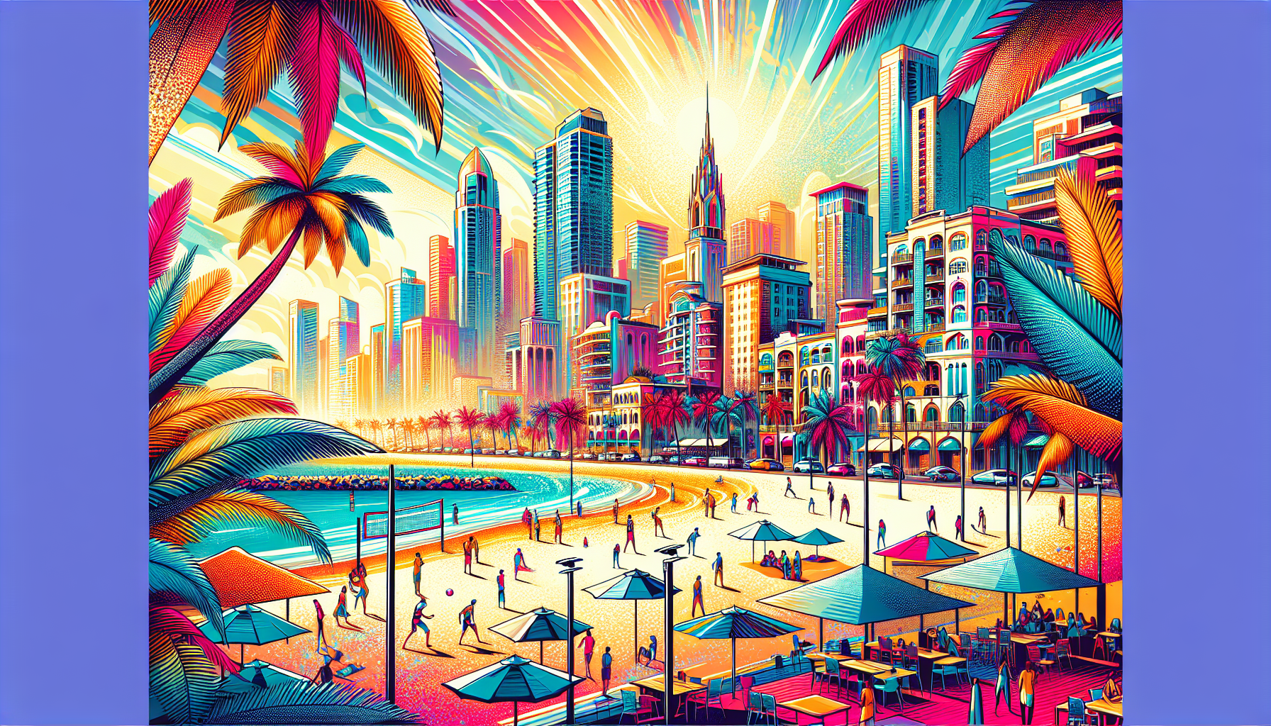 An illustration showcasing popular locations for condo hotels, including a vibrant cityscape.