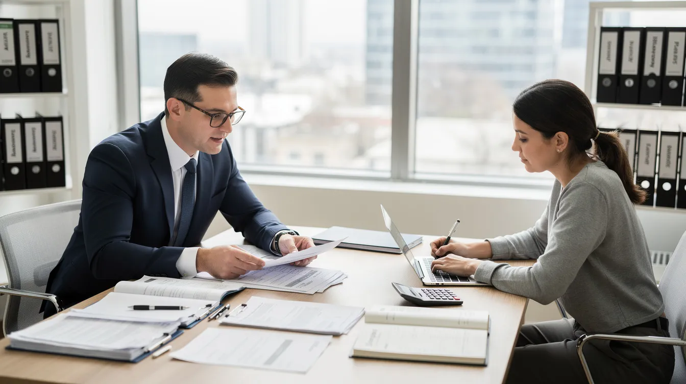 The image depicts a professional consultation between a chartered accountant and a small business owner at a desk filled with documents related to financial assistance and loan options, including details about the Pradhan Mantri Mudra Yojana and eligibility criteria for micro enterprises. The accountant appears to be guiding the business owner on how to successfully navigate their financial needs and options for funding through various financial institutions.