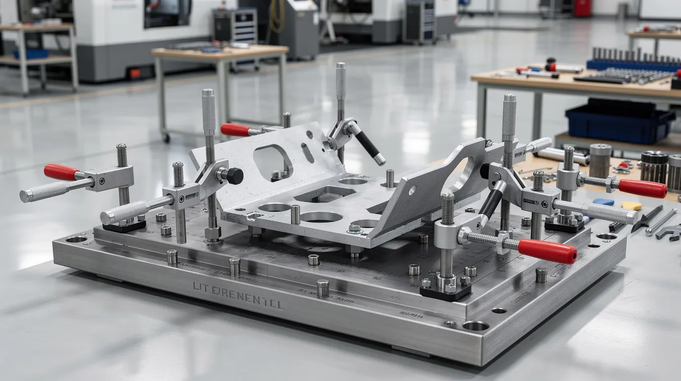 The image depicts a welding fixture securely holding a complex sheet metal enclosure, featuring multiple clamps, within a clean factory environment. This setup highlights the precision sheet metal fabrication process, essential for achieving tight tolerances and avoiding deformation in custom sheet metal production.