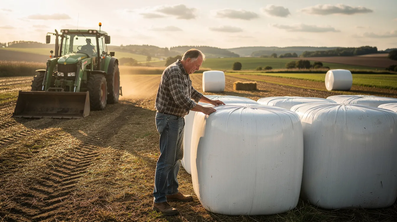 A farmer is inspecting wrapped hay bales, which are securely sealed with silage stretch film to preserve forage quality and prevent spoilage. The tractor is parked nearby, highlighting the agricultural setting where these tightly wrapped bales, made from high-quality raw materials, are prepared for optimal fermentation and storage.