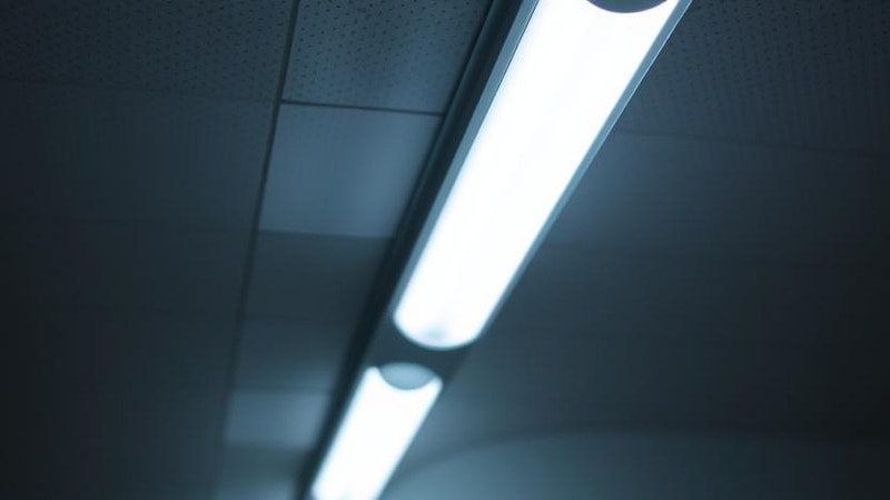 A line of fluorescent tube lights on a ceiling