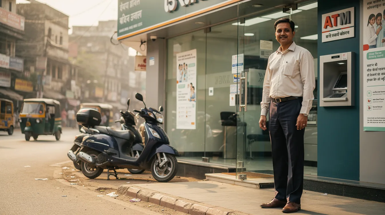 c30370fd db9b 4032 8786 4f5b09376cf7 A small business owner stands confidently near the entrance of a bank branch in India, symbolizing the connection between local entrepreneurs and financial institutions. The scene highlights the importance of the banking ombudsman and consumer protection for resolving grievances related to loans and banking services.