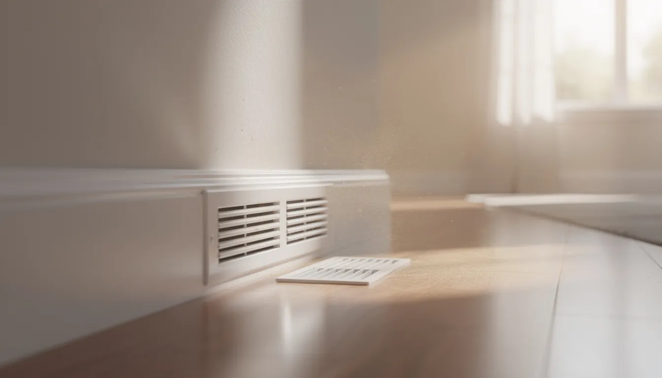 The image depicts air vents in a residential home, with sunlight streaming through a window, highlighting the importance of indoor air quality. This setup suggests the presence of an HVAC system designed to enhance air purification and reduce airborne contaminants for a healthier living environment.