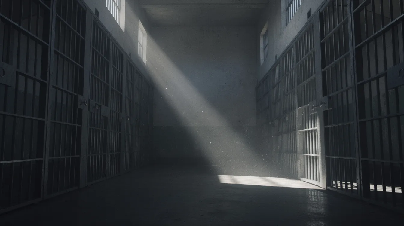 Ein langer Gefängniskorridor im Shawshank-Gefängnis, mit Zellen auf beiden Seiten, wird von schwachem Licht erleuchtet, das durch hohe Fenster strömt. Ein einzelner Lichtstrahl durchbricht die Dunkelheit und schafft eine melancholische Atmosphäre, die an die Geschichte von Andy Dufresne und seinen Weg zur Freiheit erinnert.