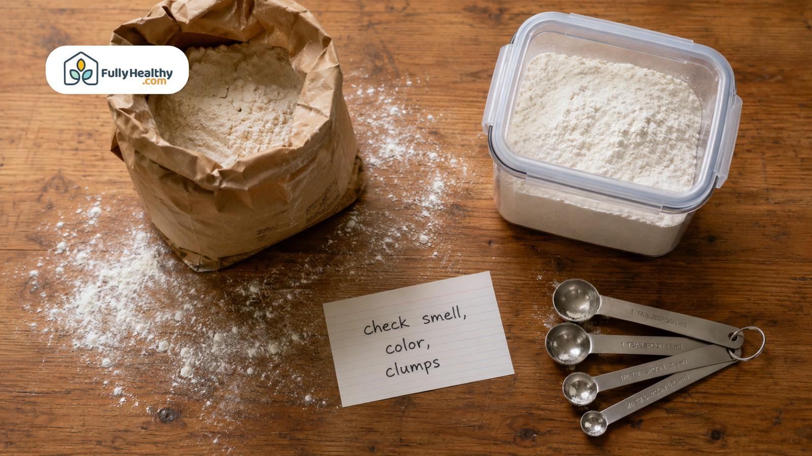 Flour storage comparison with note to check smell, color, and clumps