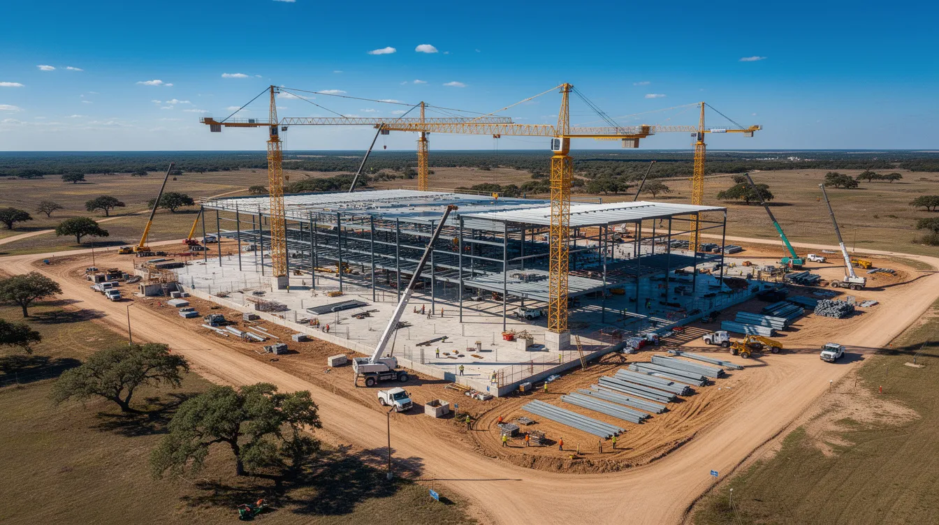 An aerial view captures a large commercial construction site in central Texas, featuring cranes and steel frameworks set against a flat landscape dotted with scattered oak trees. This scene represents the ongoing data center construction projects that are part of the rapidly growing Texas construction industry.