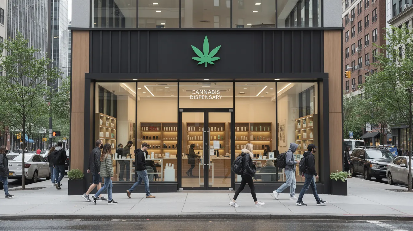 The image shows the exterior of a modern cannabis dispensary, with customers walking along a bustling city sidewalk. The storefront features large windows displaying various legal hemp products, including medical and recreational marijuana options, in a setting that reflects the growing cannabis industry in Ohio.