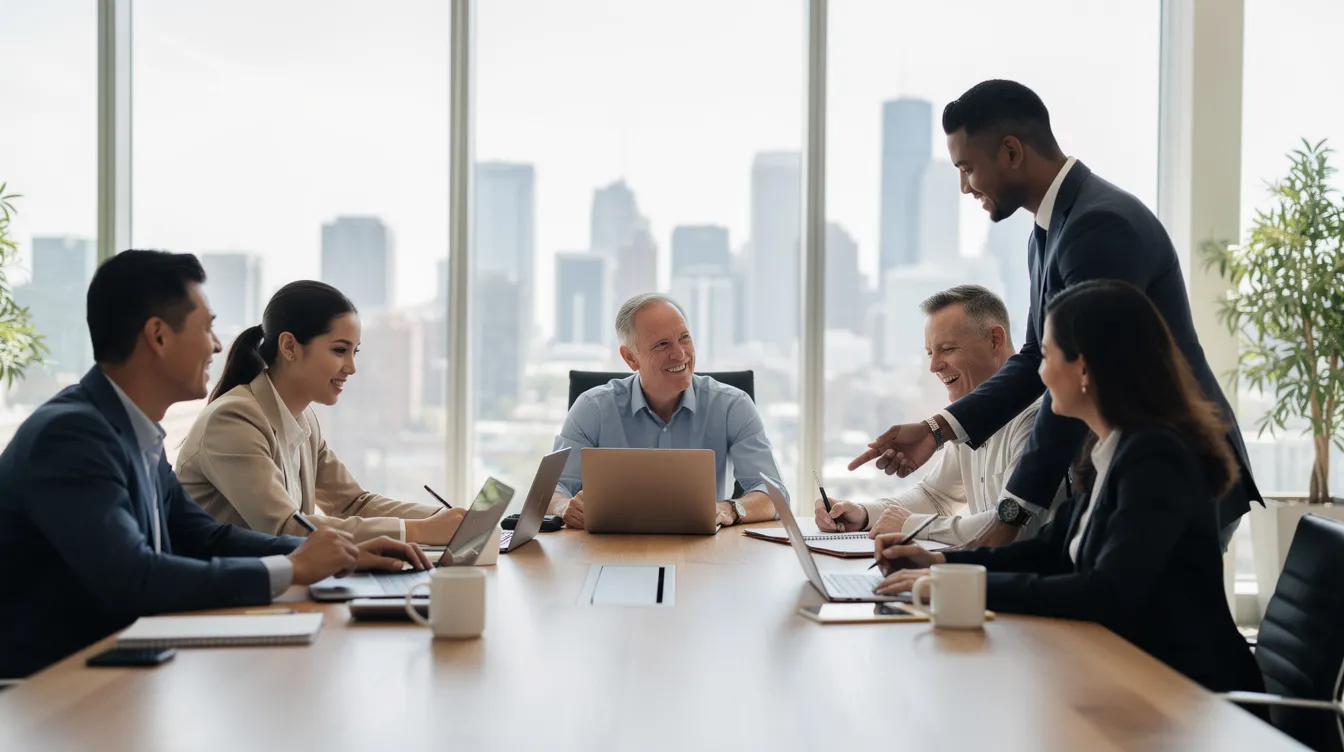 Une équipe diversifiée de professionnels collabore dans un bureau moderne avec des murs en verre, utilisant des ordinateurs portables sur la table. Cette scène illustre l'importance de la gestion du changement et de la collaboration pour la réussite d'une entreprise dans un environnement dynamique.