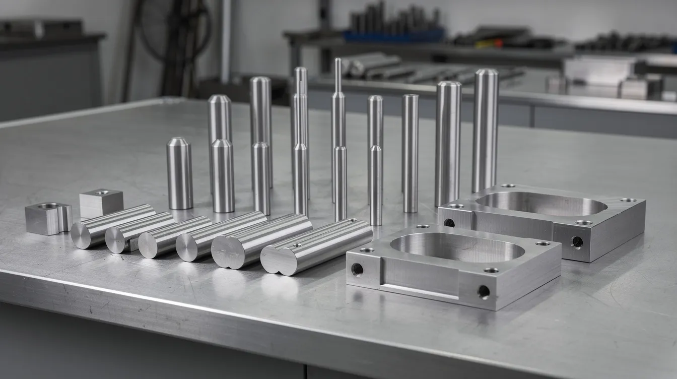 The image depicts precision machined die components, including punches, guide pins, and die blocks, meticulously arranged on a workbench, showcasing the intricate elements involved in the die manufacturing process. These components are essential for various manufacturing processes, particularly in the production of complex parts for the automotive industry.
