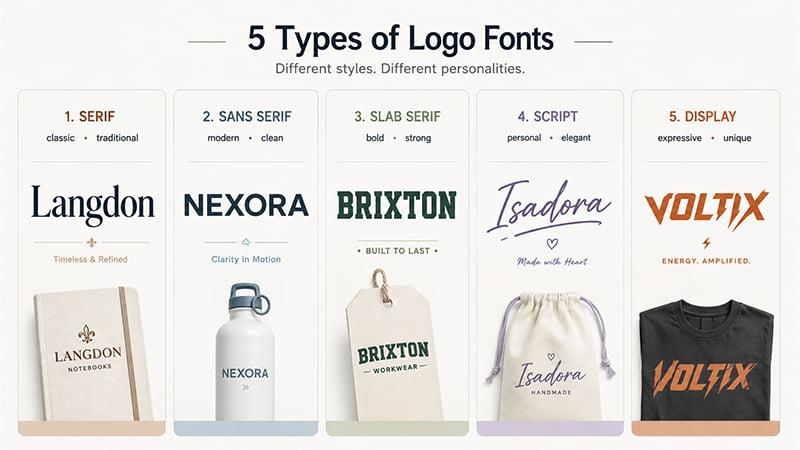 Different logo font categories including serif, sans serif, slab serif, script, and display styles