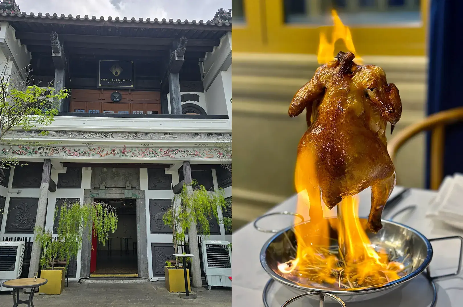 Mimi Restaurant exterior and flaming chicken presentation.