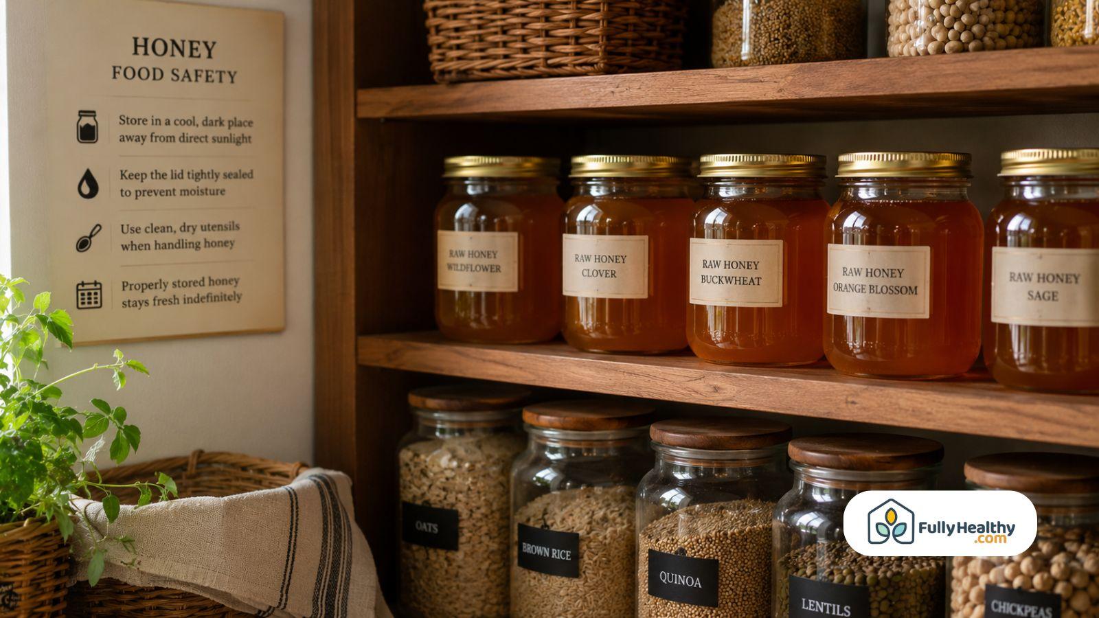 Organized pantry shelves with sealed honey jars and food storage guide