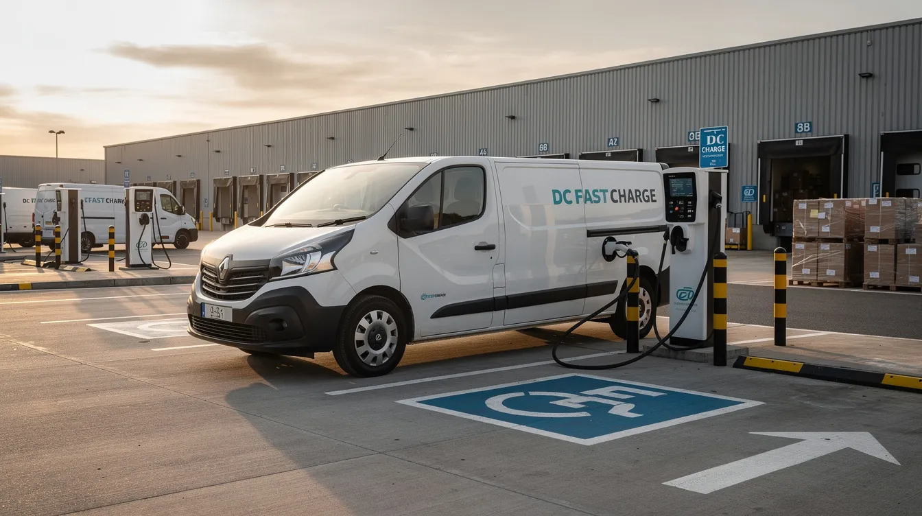 An electric delivery van is parked at a commercial charging station, connected to a charger as it replenishes its energy. This scene highlights the growing trend of electric vehicles, which are supported by various green tax incentives and rebates aimed at promoting renewable energy and energy efficiency in transportation.