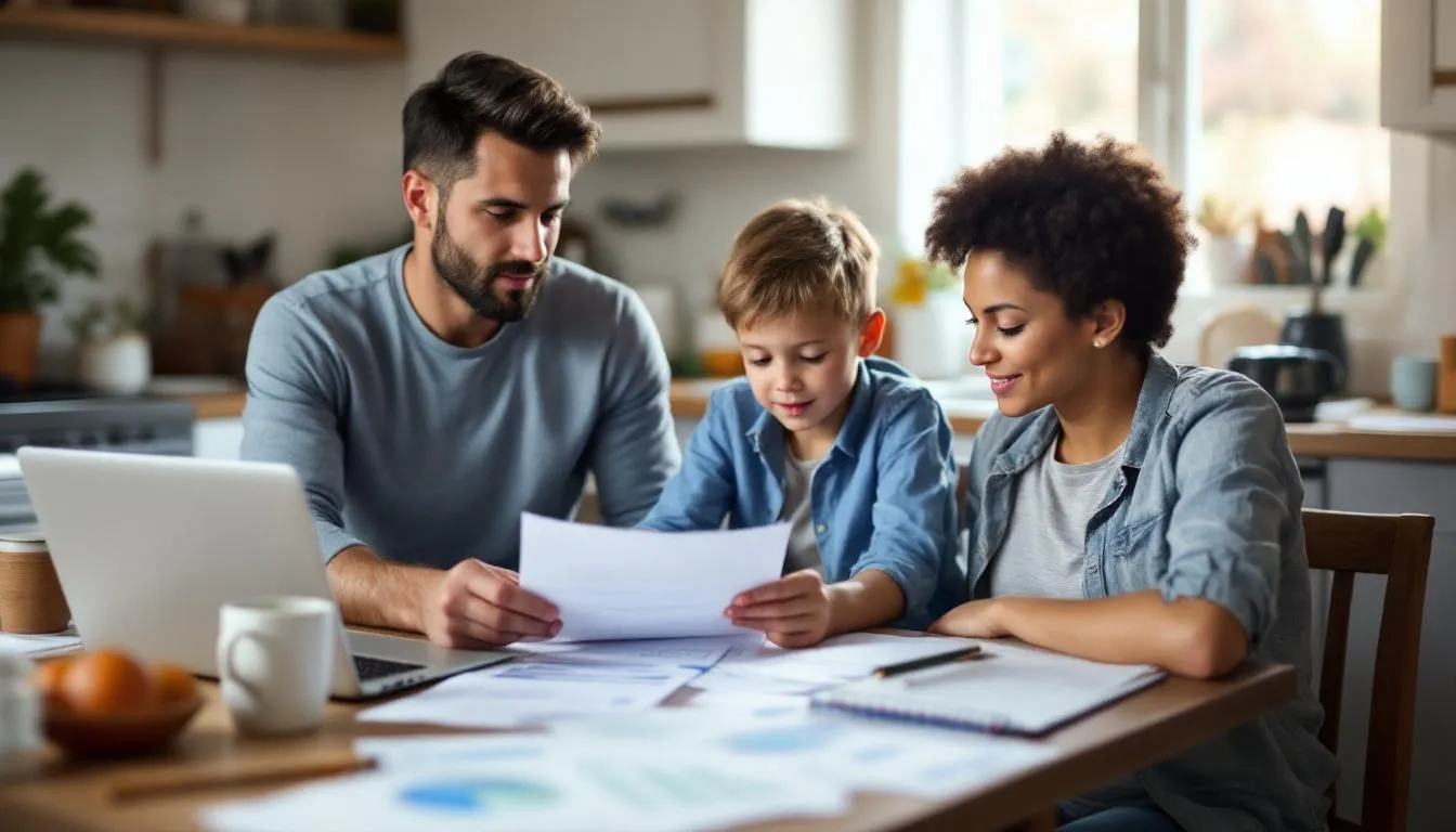 A young family sits around a table, actively discussing their budget and financial priorities, including their retirement plan and life insurance policies. They appear engaged and focused, indicating the importance of planning for retirement income and ensuring adequate life insurance coverage for their future.