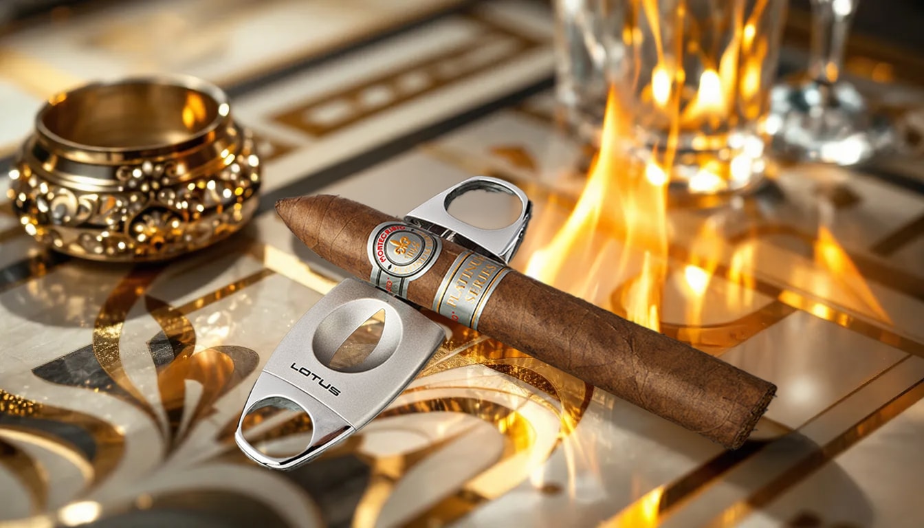 Montecristo Platinum Toro cigar being lit, showcasing its craftsmanship.