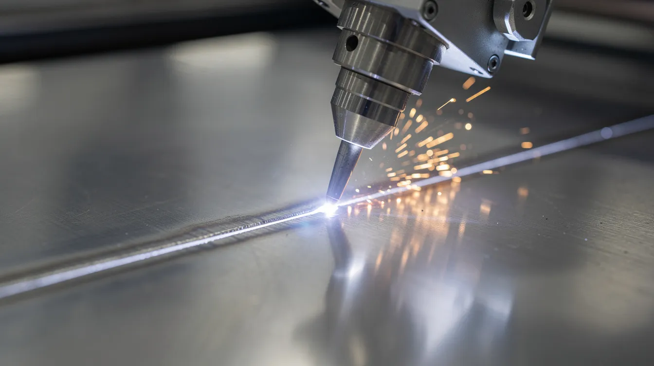 A close-up photograph captures a robotic laser welding head in action, creating a narrow weld bead on a thin stainless steel sheet. The image highlights the precision of the sheet metal welding process, showcasing the fine details of the weld pool and the advanced technology used in welding thin sheet metal.
