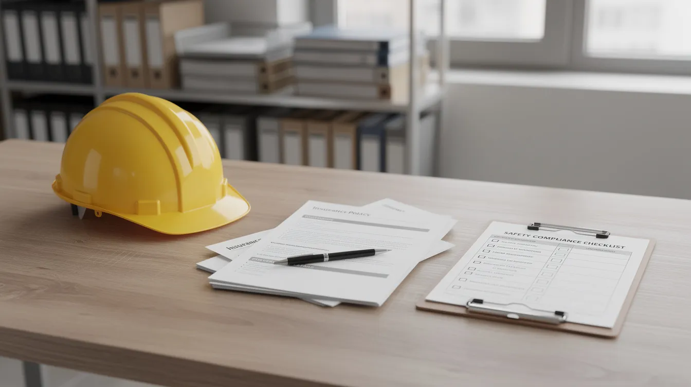 The image shows a safety helmet, insurance documents, and a compliance checklist neatly arranged on a desk in a property management office, highlighting the importance of effective vendor management in ensuring safety and compliance for property operations. These elements symbolize the critical aspects of managing vendors, including risk management and maintaining service quality in property management.
