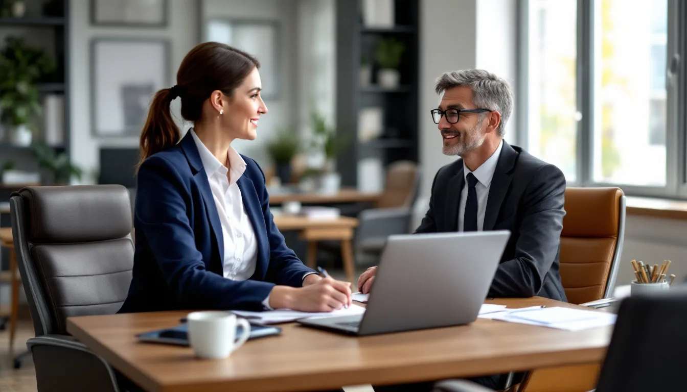 A woman is sitting across from a financial advisor in a professional office, discussing her retirement plans and social security benefits. The setting conveys a sense of seriousness as they review her personal financial strategies for achieving a secure retirement.