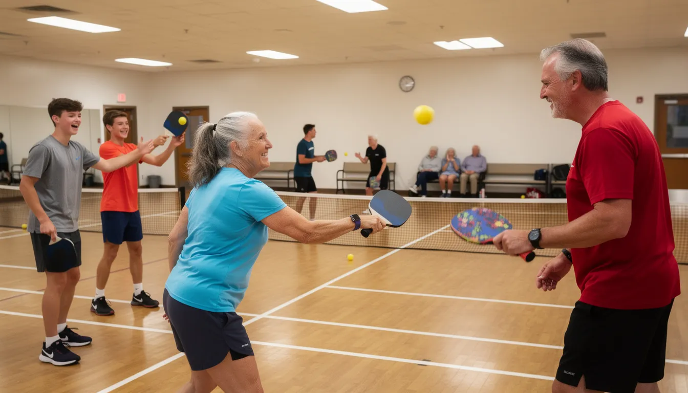 The image shows a diverse group of people of different ages enjoying a game of pickleball at a community center, with players actively hitting the ball on a badminton-sized court. The vibrant atmosphere captures the essence of the fast-growing sport, where participants are engaged in friendly competition, following the pickleball rules and enjoying the social aspect of the game.