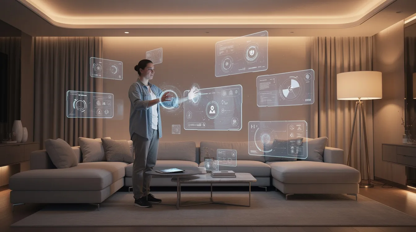 Ein futuristisches Wohnzimmer mit mehreren schwebenden, transparenten Bildschirmen in verschiedenen Größen, die warmes Licht ausstrahlen. Eine Person bedient die Displays mit Gesten, um Inhalte auf Abruf zu steuern und verschiedene Geschichten zu entdecken.