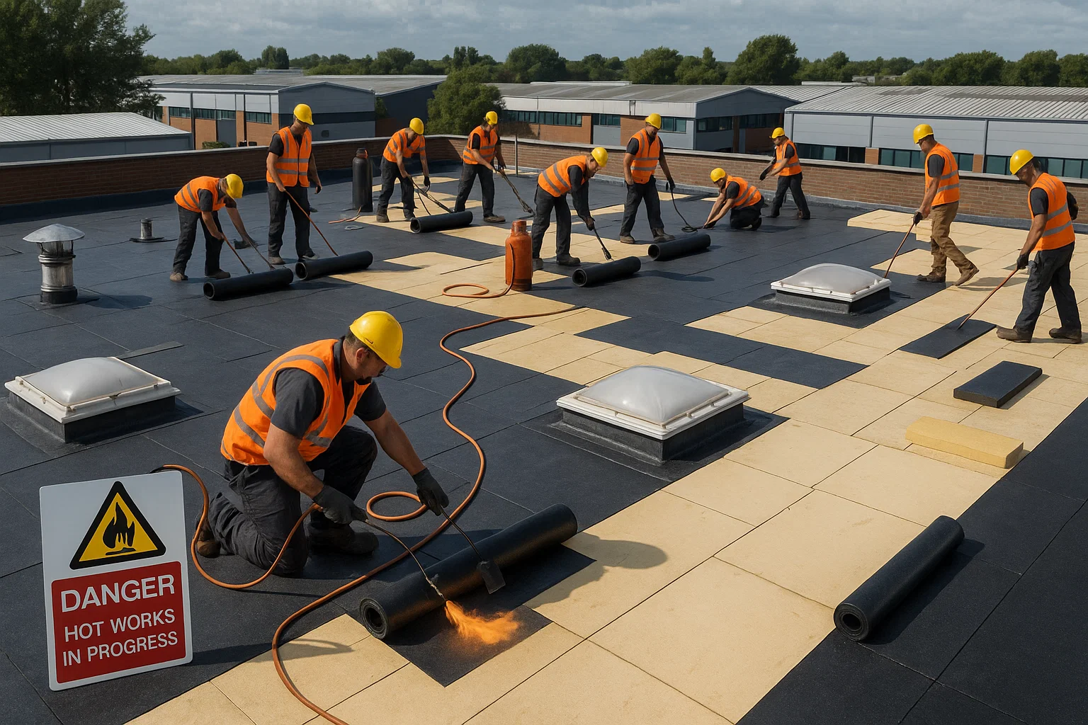 Commercial roofing contractors working on large flat roof in Warrington
