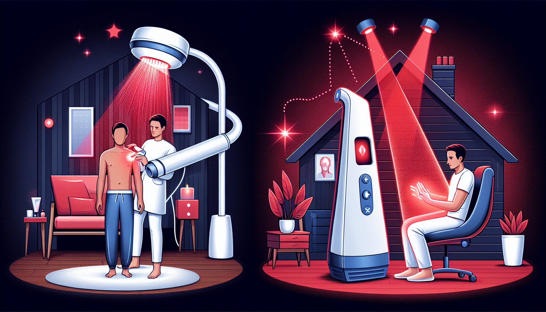 Illustration of at-home vs. professional red light therapy